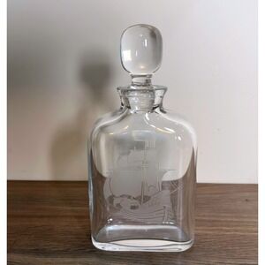 Atlantis Full Lead Crystal Decanter Portugal Etched Sailing Ship Nautical 9.5"